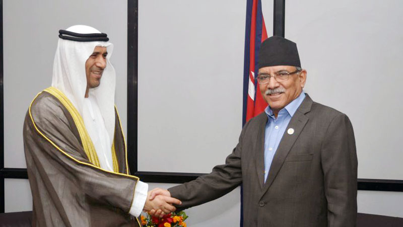 Prime Ministe Pushpa Kamal Dahal sakes hand with the United Arab Emirates's Ambassador to Nepal Saeed Hamdan Al Naqei at Singha Durbar in Kathamdnu on Thursday, October 27, 2016. Photo: PM's Secretariat
