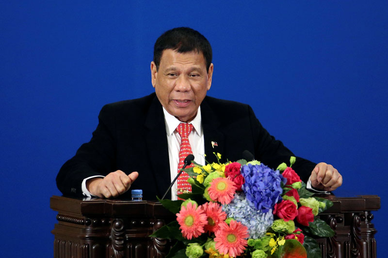 Philippines President Rodrigo Duterte makes a speech during the Philippines - China Trade and Investment Forum at the Great Hall of the People in Beijing, China, on October 20, 2016. Photo: Reuters