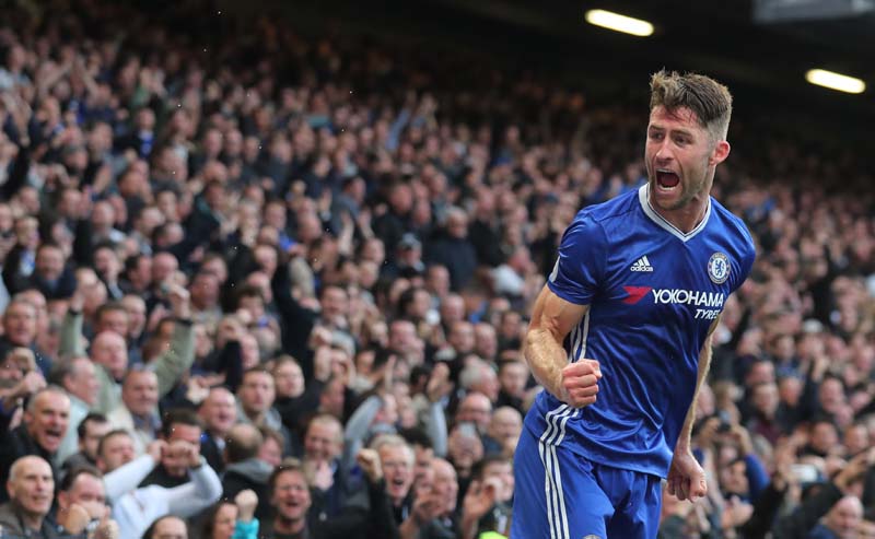 Chelsea's Gary Cahill celebrates scoring their second goal, on Sunday, October 23, 2016.