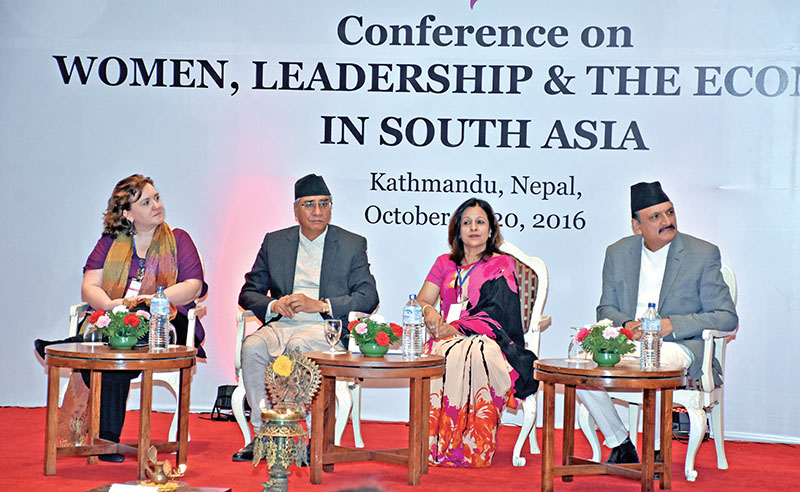 Nepali Congress President and former PM Sher Bahadur Deuba (second from left) at the inaugural session of  Regional Conference on Women, Leadership and the Economy in South Asia, in Kathmandu, on Wednesday, October 19, 2016. Photo: Naresh Shrestha/THT