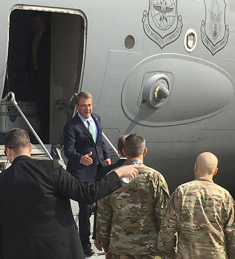 US Defence Secretary Ash Carter arrives in Baghdad, Iraq to meet with his commanders and assess the progress in the opening days of the operation to retake the city of Mosul from Islamic State militants, on Saturday, October 22, 2016. Photo: AP