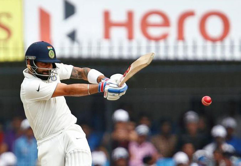 India's Virat Kohli plays a shot during the third test cricket match against New Zealand, at Holkar Cricket Stadium, Indore, India, on October 8, 2016. Photo: Reuters