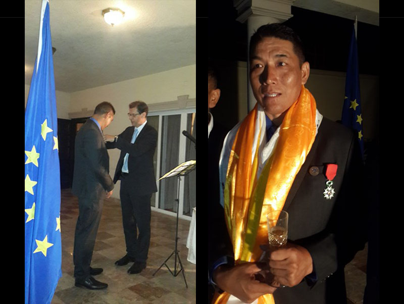 In the combo image, the Ambassador of France to Nepal Yves Carmona  honours Nepali trekking entrepreneur Ang Norbu Sherpa with the highest French civilian distinction, Chevalier de la Lu00e9gion du2019Honneur (Knight of the Legion of Honour), on behalf of the President of the French Republi, on Wednesday, October 26, 2016. Photo: French Embassy