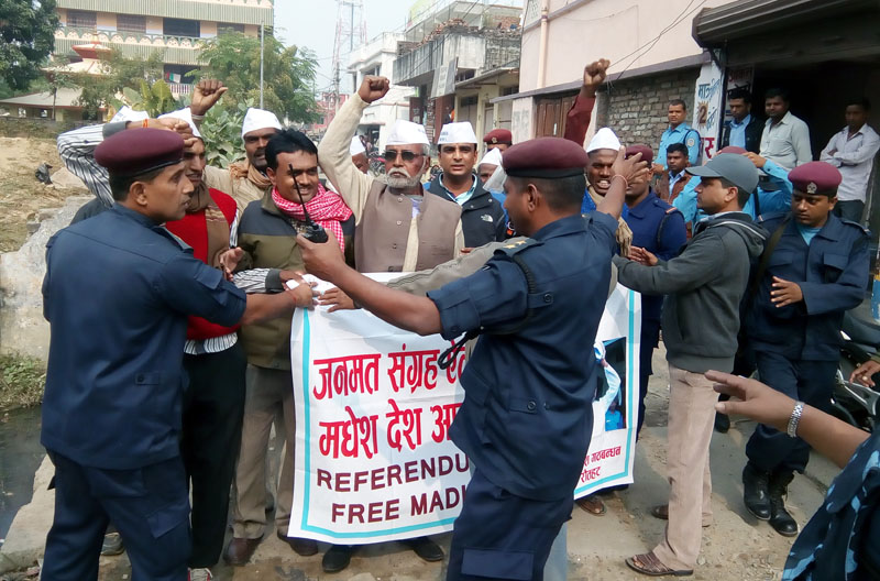 Police arrests cadres of Alliance for Independent Madhes, Chaired by CK Raut, who were participating in a protest at Gaur in Rautahat district on Friday. Photo: Prabhat Kumar Jha