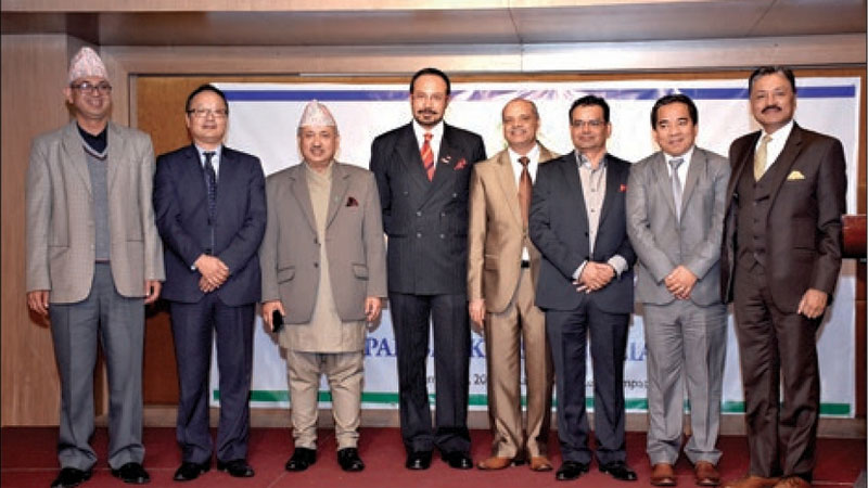 Anil Keshary Shah (fourth from left) posing for a photograph after being elected as the president of Nepal Bankersu2019 Association, in Kathmandu, on Wednesday. THT