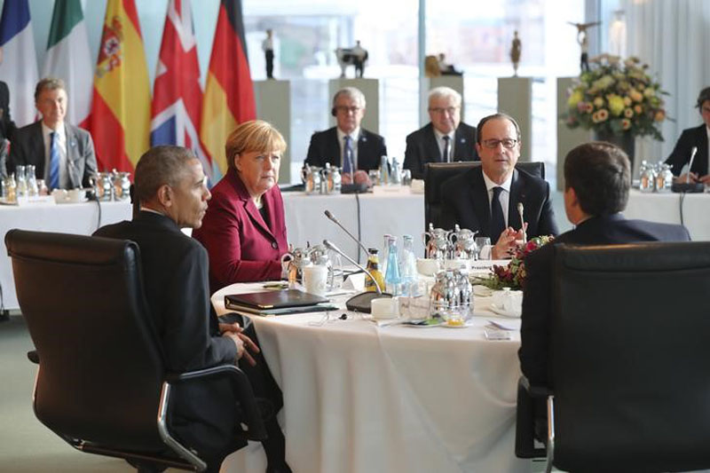 US President Barack Obama, German Chancellor Angela Merkel, French President Francois Hollande and  Italian Prime Minister Matteo Renzi meet at the chancellery in Berlin, Germany, on November 18, 2016. Photo: Reuters