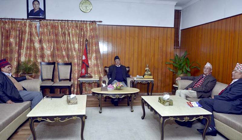 (From left) CPN Maoist Centre leader Krishna Bahadur Mahara and Party Chairman and Prime Minister Pushpa Kamal Dahal in a meeting with CPN-UML Chairman KP Sharma Oli and leader Bamdev Gautam at the PM's residence, in Baluwatar, on Thursday, November 24, 2016. Photo Courtesy: PM's Secretariat