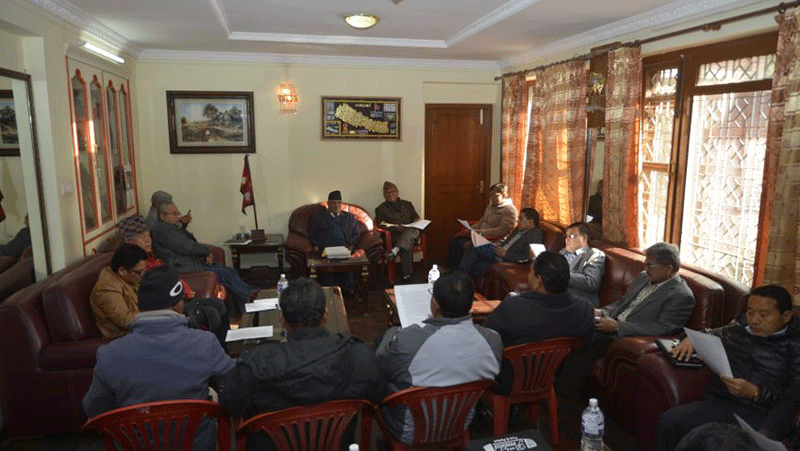 CPN Maoist centre leaders taking part in the Central Office meeting of the party in Lazimpat of the Capital on Monday, November 21, 2016. Photo: PM Dahalu2019s Secretariat 