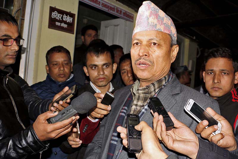 FILE: CPN-UML leader Bhim Rawal interacts with the media after the meeting of four major parties, in Kathmandu, on Wednesday, November 30, 2016. Photo: RSS