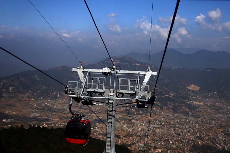 A cable car is seen in operation on the Chandragiri Hill on the western outskirts of Kathmandu, on Wednesday, November 30, 2016. The service was recently launched in a bid to promote religious tourism there. Photo: RSS