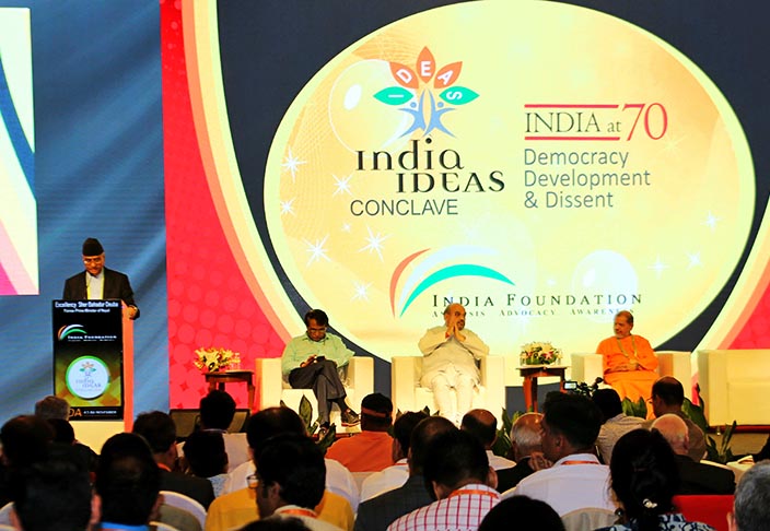 In this photograph released by Nepali Congress, NC President Sher Bahadur Deuba is seen addressing the Third India Ideas Conclave in Goa. Photo: Nepali Congress 