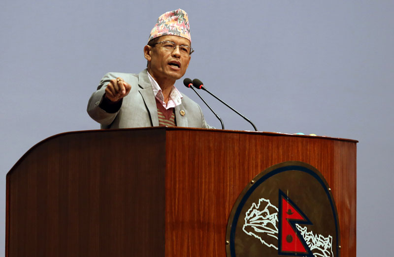 Nepali Congress lawmaker Dhan Raj Gurung takes part in the discussion on the impeachment motion filed against the Commission for the Investigation of Abuse of Authority (CIAA) Chief Lok Man Singh Karki at the Legislative Parliament in New Baneshwor, Kathmandu on Friday, November 11, 2016. Photo: RSS