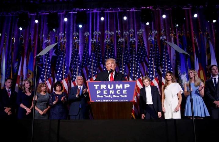 U.S. President-elect Donald Trump speaks at his election night rally in Manhattan, New York, U.S., November 9, 2016. REUTERS/Carlo Allegri