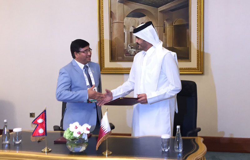 Nepal Olympic Committee President Jeevan Ram nShrestha exchanging the MoU with his Qatar Olympic Committee counterpart Sheikh Joan Bin Hamad nAl-Thani (right) in Doha on Wednesday. Photo courtesy: NOC