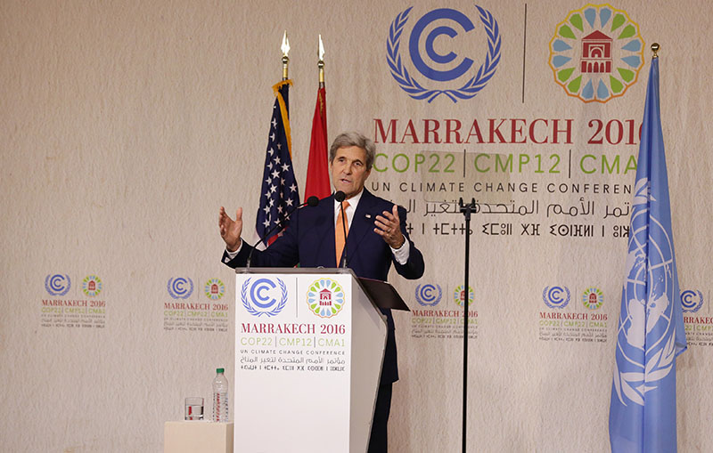 US Secretary of State John Kerry gives a speech at the UN Climate Change Conference (COP22) 2016 in Marrakech, Morocco, on November 16, 2016. Photo: Reuters