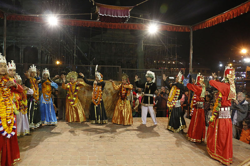 Artists perform Kartik Nach at Kartik Dabali of Patan Durbar Square in Lalitpur district on Tuesday, November 8, 2016. Every year Kartik Nach (a traditional dance) is performed for twelve days on the month. Photo: RSS
