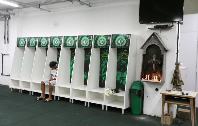 Leandro Bastos of Chapecoense's under-15 soccer team sits inside the team's locker room at the Arena Conda stadium in Chapeco, Brazil, November 29, 2016. REUTERS/Paulo Whitaker