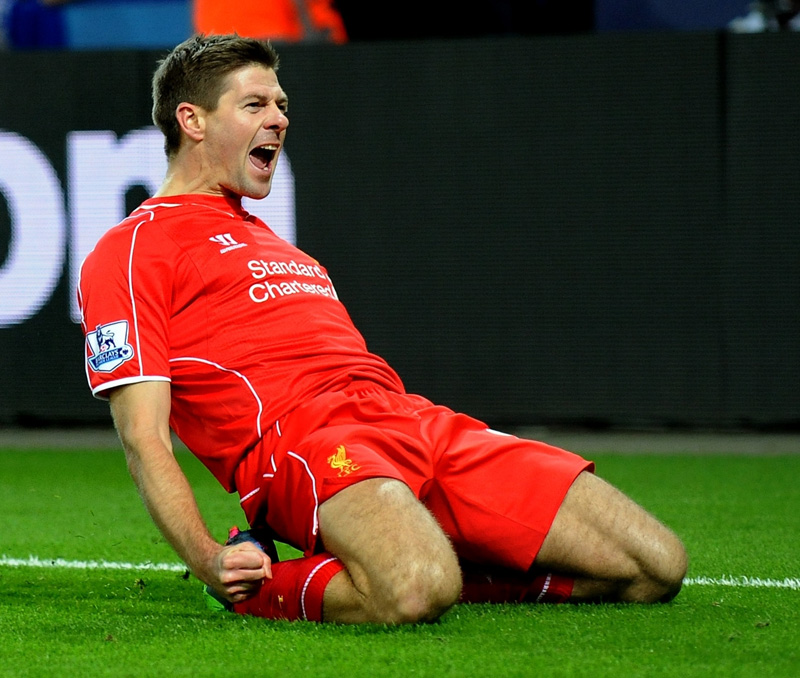 FILE - In this Liverpool's Tuesday, Dec. 2, 2014 file photo, Steven Gerrard celebrates scoring against Leicester during the English Premier League soccer match between Leicester City and Liverpool at King Power Stadium, in Leicester, England. Photo: AP