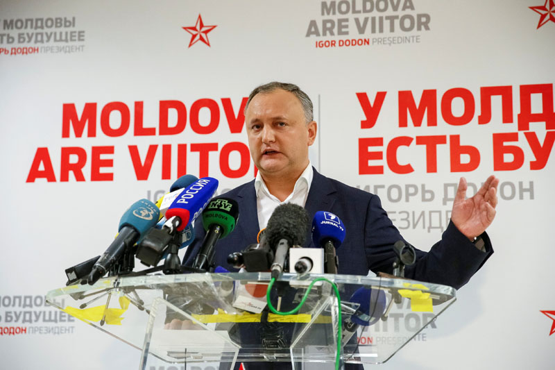 Moldova's Socialist Party presidential candidate Igor Dodon speaks to the media after a presidential election at his election headquarters in Chisinau, Moldova, on November 14, 2016. Photo: Reutes