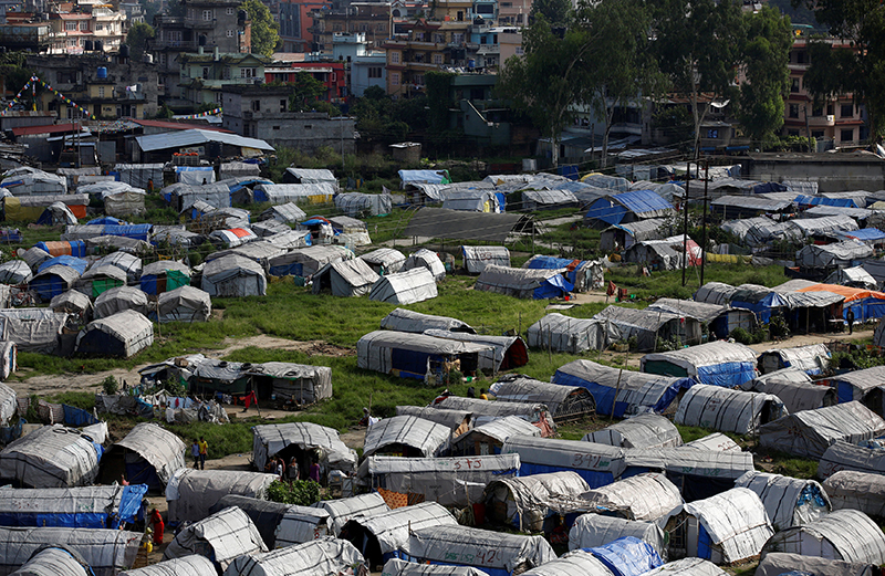 Makeshift shelters are pictured inside the displacement camps for earthquake survivors at Chuchepati in Kathmandu.