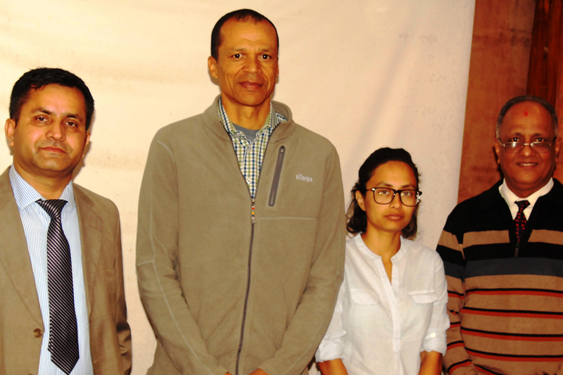 (From left) PACT Director Govinda Prasad Sharma, World Bank Task Team Leader Patrick Verissimo, Focal Person Karishma Wasti and PACT Technical Advisor Prabhakar Pathak pose for a photograph during a meeting in Kathmandu, on Wednesday, November 2, 2016. Photo: PACT