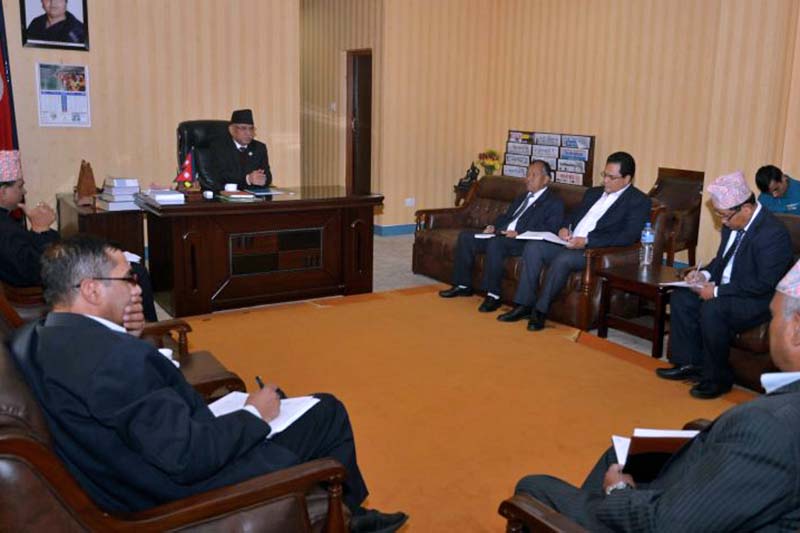 Prime Minister Pushpa Kamal Dahal in a meeting with government officials to expedite the construction of Jayaramghat bridge over the Dudhkoshi River, at his residential office, in Baluwatar, on Wednesday, November 16, 2016. Photo Courtesy: PM's Secretariat