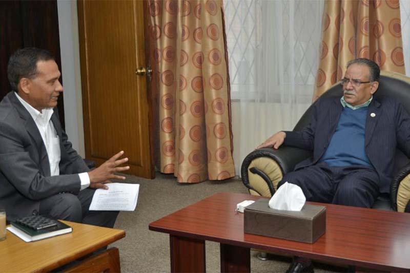Prime Minister Pushpa Kamal Dahal in a meeting with the Nepal Electricity Board (NEA) Managing Director Kul Man Ghising at Baluwatar on November 7, 2016. Photo Courtesy: PM's Secretariat