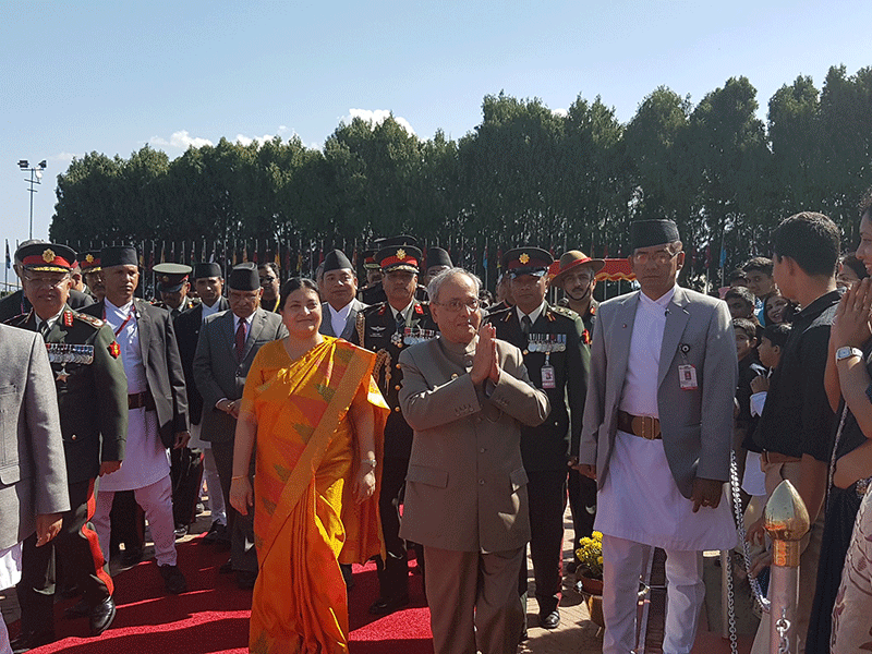 Indian President Pranab Mukherjee being welcomed upon his arrival at the Tribhuvan International Airport in Kathmandu on Wednesday, November 02, 2016. Photo: Embassy of India in Kathmandu