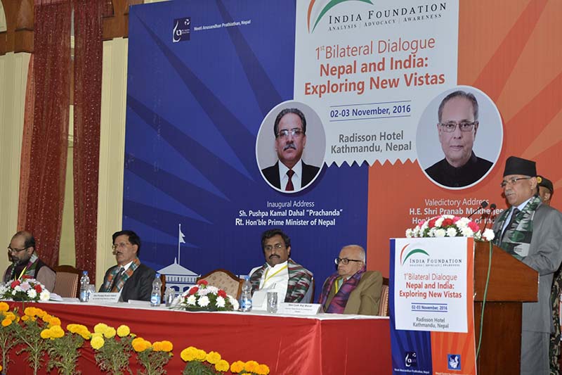 Prime Minister Pushpa Kamal Dahal addresses the seminar on 'Nepal and India: Exploring New Vistas' at the Radisson Hotel, Lazimpat, on Wednesday, November 2, 2016. Photo Courtesy: PM's Secretariat