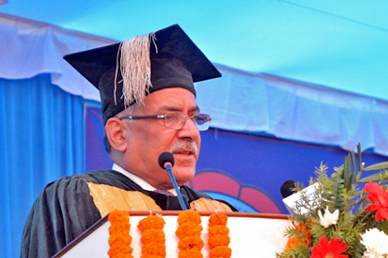 PM and Kathmandu University Vice-Chancellor Pushpa Kamal Dahal speaking at a programme organised on the occassion of 22nd Convocation ceremony in Dhulikhel, Kavre, on Tuesday, November 22, 2016. Photo: RSS