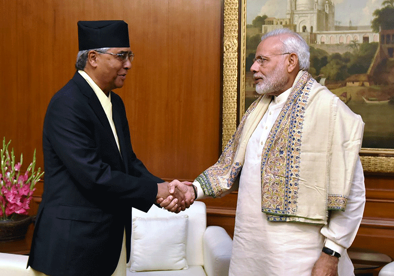 Nepali Congress President and former Prime Minister Sher Bahadur Deuba shakes hands with Indian Prime Minister Narendra Modi in New Delhi, India on Tuesday, 08 November 2016. Photo: RSS 