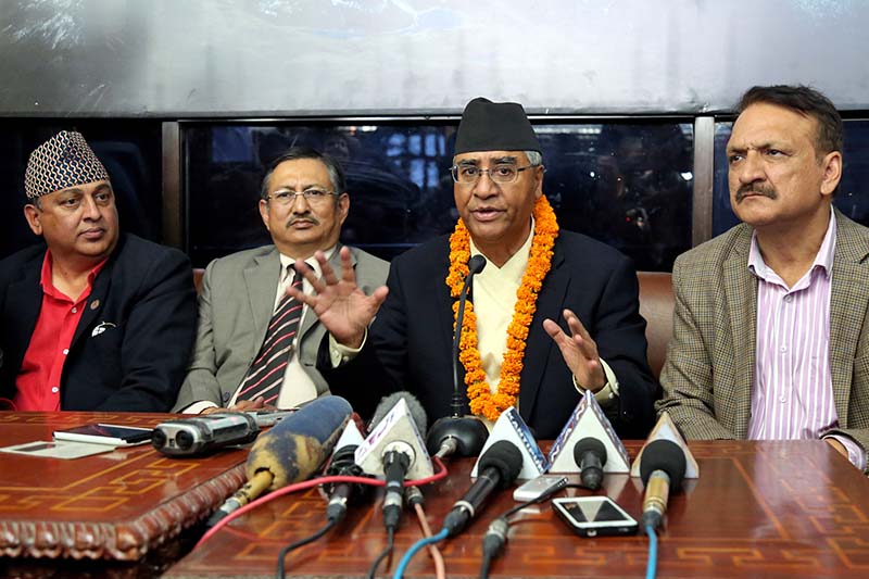 Nepali Congress President Sher Bahadur Deuba briefs media about his India visit upon his return, at the Tribhuvan International Airport in Kathmandu, on Wednesday, November 9, 2016. Photo: RSS