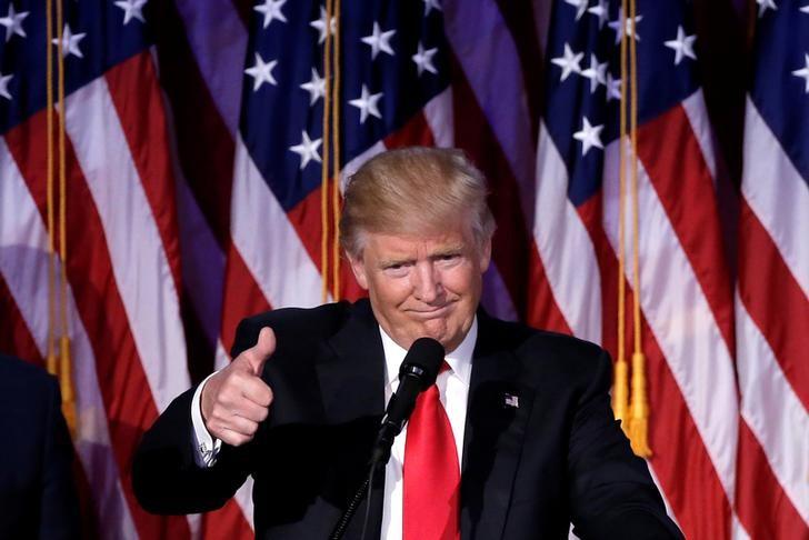 U.S. President-elect Donald Trump gestures as he speaks at election night rally in Manhattan, New York, U.S., November 9, 2016. REUTERS/Mike Segar