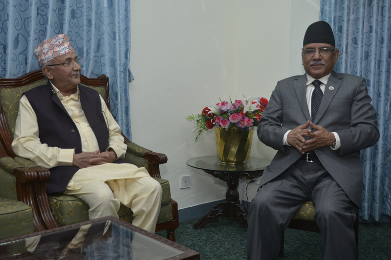 FILE: Prime Minister Pushpa Kamal Dahal holds a meeting with the CPN-UML Chairman KP Sharma Oli, in Kathmandu, on Friday, November 4, 2016. Photo: PM's Secretariat
