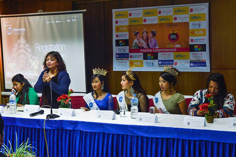 Nepalese Fashion Home Chair Hema Manandhar addresses a press meet organised for the 12th edition of Miss Newa 1137, at the Alfa House in New Baneshwor, on Monday, December 5, 2016. Photo Courtesy: NFH