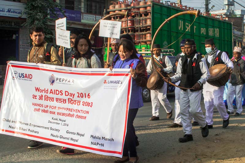A rally is held in Pokhara of Kaski district to raise awareness on HIV/AIDS infection on the occasion of World AIDS Day, Thursday, December 1, 2016. Photo: Bharat Koirala