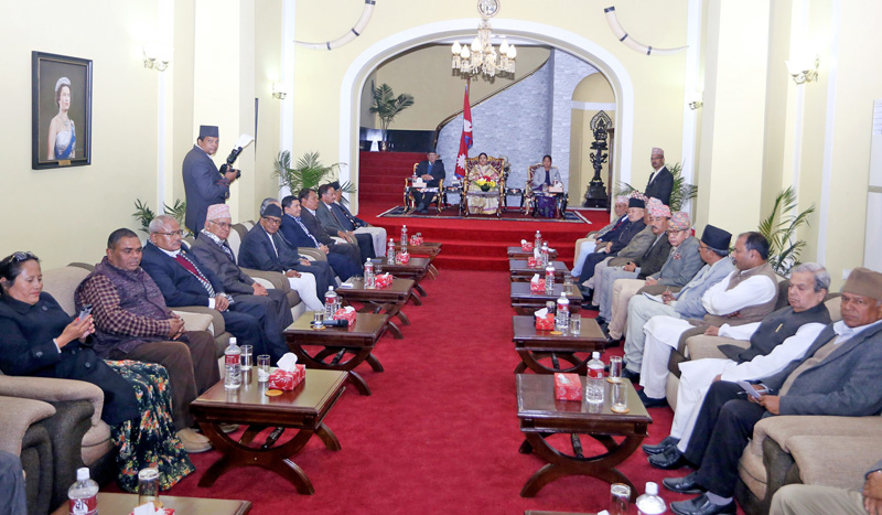 Leaders of different political parties participating in an all-party meeting called by President Bidya Devi Bhandari in Shital Niwas, Kathmandu, on Sunday, December 4, 2016. Photo: THT