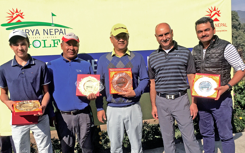 (From left) Sam Doublard, Babu Sherpa, Ang Tshiring Sherpa, Suhrid Ghimire and Dhruba Thapa after the Surya Nepal Monthly Medal in Kathmandu on Saturday, December 24, 2016. Photo: THT