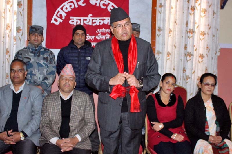 CPN-UML leader Jhalanath Khanal speaks at a press meet organised by the party in Beshisahar of Lamjung district, on Monday, December 26, 2016. Photo: Ramji Rana/THT