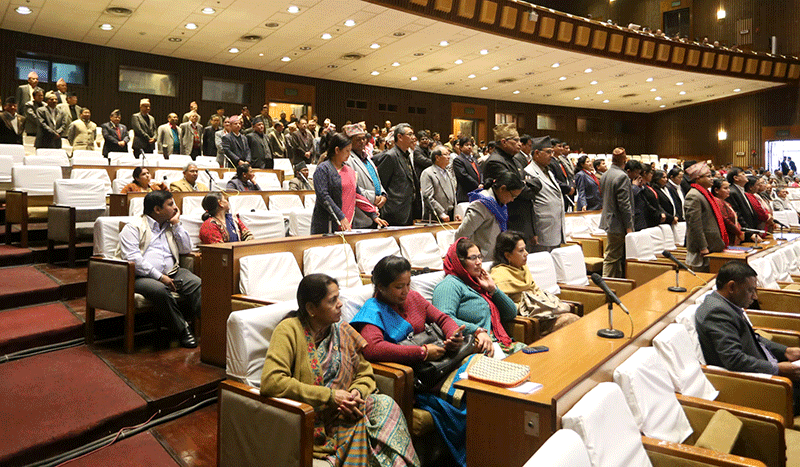 Lawmakers of CPN-UML and other opposition parties obstruct the Parliament meeting on Thursday, December 01, 2016. Photo: RSS 