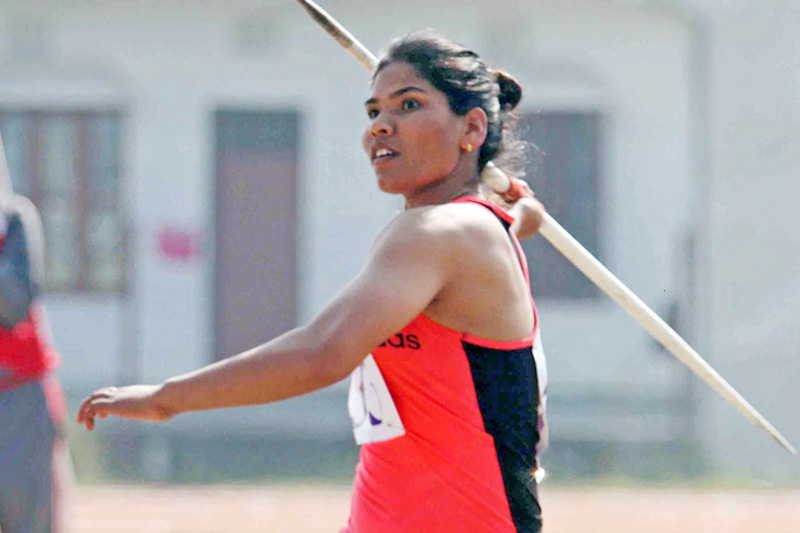 Chandra Kala Lamgade of Nepal Police Club on the way to setting the javelin record during the 7th National Games at Itahari Stadium, in Sunsari, on Sunday, December 25, 2016. Photo: THT