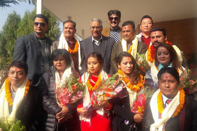 Cinema actors who joined the Nepali Congress party pose for a photograph with the party President Sher Bahadur Deuba, in Kathmandu on Wednesday, December 21, 2016. Photo: Sher Bahadur Deuba/Facebook