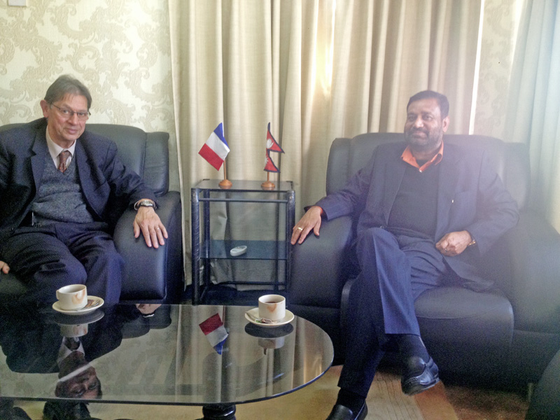 French Ambassador to Nepal Yves Carmona pays a courtesy call on Nepal's Deputy Prime Minister Bimalendra Nidhi at the Ministry of Home Affairs, in Kathmandu, on Thursday, December 8, 2016. Photo: DPM's Secretariat