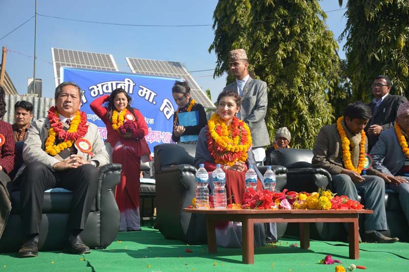 Former Crown Princess Himani Shah (C) attends a function organised to lay the foundation stone for the school building of Bhawani Secondary School, in Palungtar of Gorkha district, on Friday, December 9, 2016. The Shah-led Himani Trust and the Buddhist Association of Japan are funding the construction. Photo: Madan Wagle 