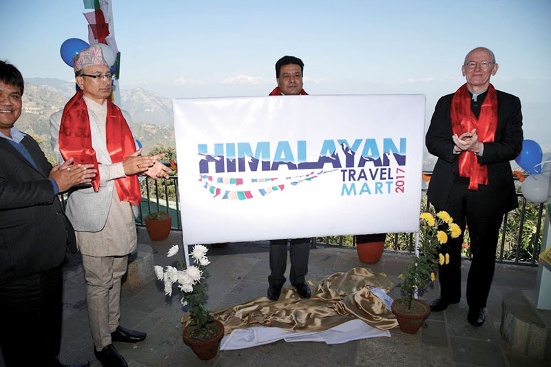 Secretary for MoCTCA Shankar Prasad Adhikari, Chairman of PATA Nepal Chapter Suman Pandey and Chairman of PATA International Andrew Jones launching the official logo of Himalayan Travel Mart 2017, at a programme, in Dhulikhel, on Sunday, December 5, 2016.