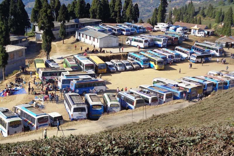Vehicles carrying visitors to tea estates of Kanyam in Ilam district parked on the Krishnashram Higher Secondary School premises, on Sunday, December 18, 2016. The use of school ground as a parking lot has affected teaching-learning activities in the school. Photo: RSS
