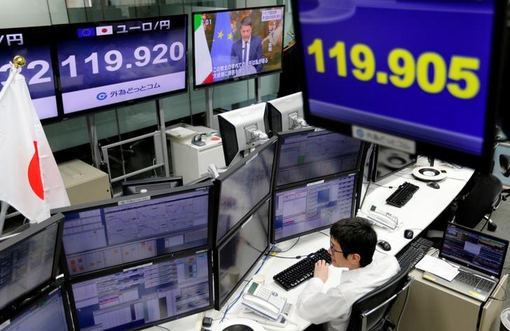 An employee of a foreign exchange trading company works near monitors showing  Italian Prime Minister Matteo Renzi on TV news (top C), and the Japanese yen's exchange rate against the euro in Tokyo, Japan, December 5, 2016.   REUTERS/Toru Hanai - RTSUNQE