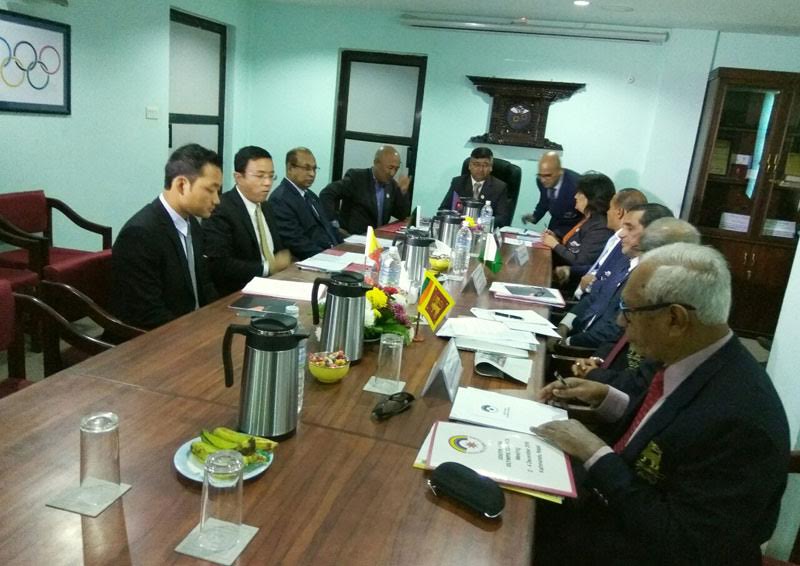 President of Nepal Olympic Committee Jeevan Ram Shrestha (centre) chairing the meeting of the South Asia Olympic Council in Lalitpur on Saturday. THT
