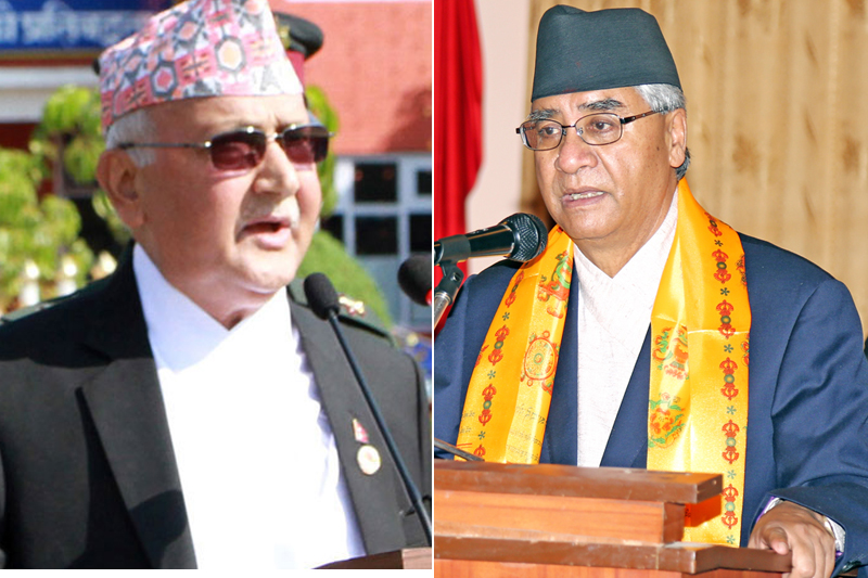 File photo of CPN-UML Chairman KP Sharma Oli (left) and Nepali Congress President Sher Bahadur Deuba. Photos: THT