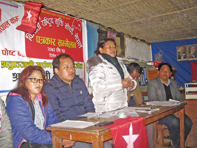 Member of Kiranti National Mukti Morcha Nepal speaks with mediapersons at Khogant on Friday, December 30, 2016. Photo: THT